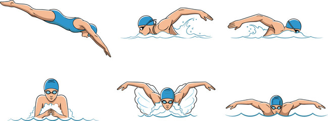 Swimming technique illustration, freestyle, butterfly, breaststroke, diving, swim cap, goggles, water splash, sports clipart, cartoon swimmer, athletic motion