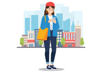 casually dressed young woman wearing a red cap and blue jacket stands against a city skyline background, looking at her smartphone while carrying an orange tote bag.
