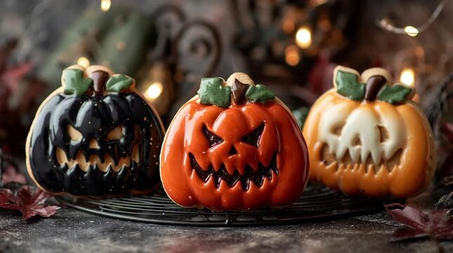 Halloween pumpkin cookies on a dark background with selective focus