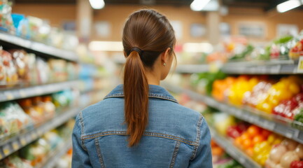 A girl with a pigtail and a denim spring jacket walks through a grocery store