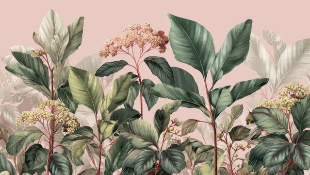 Sophisticated tropical garden painting with large green leaves and delicate blush flowers on a soft pink background for mural or wallpaper design
