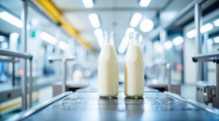 2 open bottles of milk on a conveyor belt in production