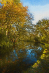 Vibrant autumn digital illustration of tree and leaf colours along the Leek branch of the Caldon canal inland waterway in Staffordshire, England, UK.