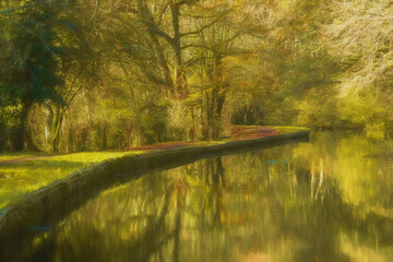 Digital oil painting capturing autumn tree and leaf colours along the Leek branch of the Caldon canal in Staffordshire.