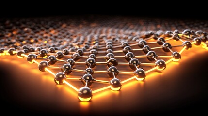 Fototapeta premium : Carbon nanotubes Abstract atomic scale view of carbon atoms forming a curved graphene sheet to create a nanotube. The atoms are spheres connected by glowing rods of energy. Warm amber and 