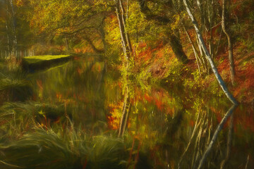 A vibrant digital oil painting of autumn colours and destination scenics along the Leek branch of the Caldon canal waterway, Staffordshire, England, UK.