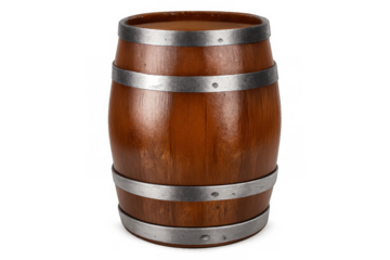 Wooden barrel with metal hoops isolated on transparent background, a vintage oak cask for wine, beer or spirits storage