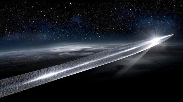 : Carbon nanotubes Concept illustration of a space elevator cable made of carbon nanotube ribbons extending from Earth into the dark starry sky. The ribbon is sleek and metallic reflecting the 