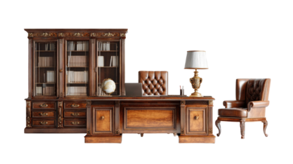 Antique wooden executive office desk with glass bookshelf leather chair classic study furniture set isolated on white background

