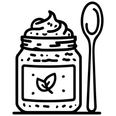 Sweet dessert jar with whipped cream and spoon vector line art, black and white illustration for engrave, laser engrave and creative projects