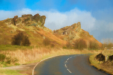 A digital illustration of a roadside view of Ramshaw Rocks in the Staffordshire Peak District.