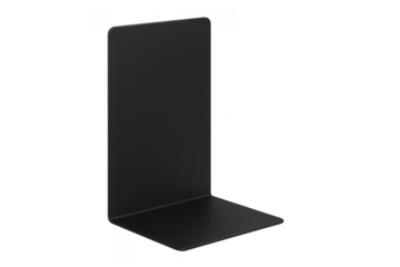 Black metal bookend supporting reading materials on shelves