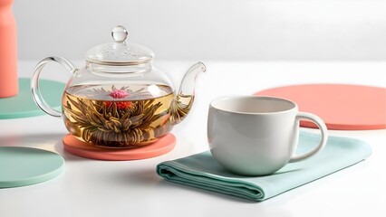 Glass teapot with blooming tea and white cup for tea time aesthetic and relaxation concept design