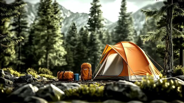 A vivid, outdoor scene featuring a tent and camping gear set against a backdrop of a dense forest with mountains in the distance. The tent is orange with a white inner layer.