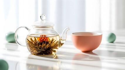 Blooming tea in glass teapot with cup and decorative balls on white table for relaxation and refreshment