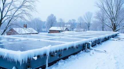 Frozen solar panels lie in the snow in a village.