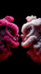 Two Chinese lion dancers face to face looking at each other at the battle in pink colors on black background