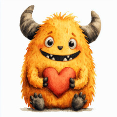A cute yellow smiling monster with big horns holding a red heart as a symbol of love for St. Valentine's card design