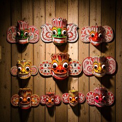 Traditional Sri Lankan Raksha masks on rustic wood, vibrant colors and dramatic light showcasing cultural heritage art.