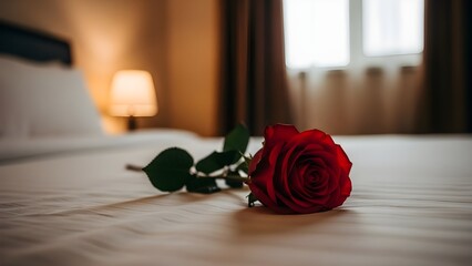 Single red rose on bed
