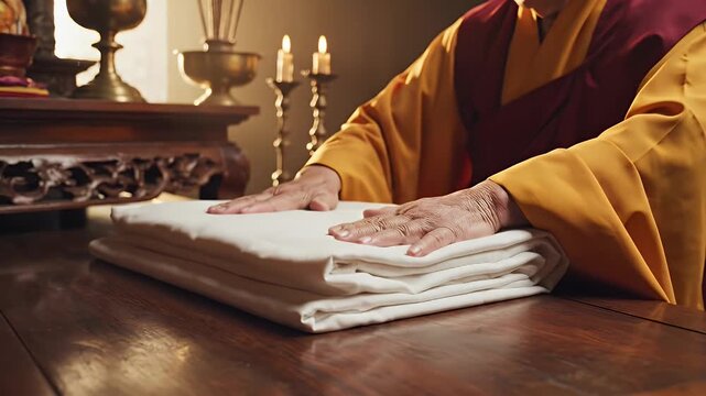 Monk folding white cloth on wooden table in a serene environment, spiritual practice.