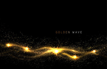 A chaotic wavy pattern in gold with glitter on a black background. An isolated design element.