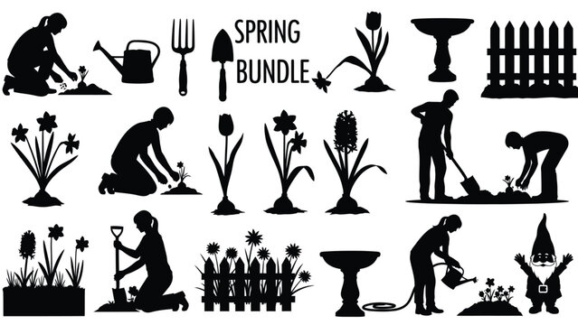 Spring gardening bundle with silhouettes of people planting flowers and gardening tools on white background with gardening silhouettes and garden bundle