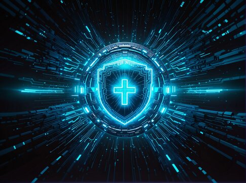 A futuristic, glowing blue shield with a cross emblem at its center pulses within a high-tech digital tunnel of circuitry and data streams  symbolizing advanced cybersecurity or digital protection in  - Powered by Adobe