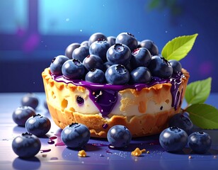 Bright, fresh blueberry tartlet with sweet purple drizzle, crusty edges, and green leaves on a shiny blue surface