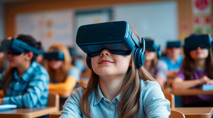 A girl at school and her classmates behind her, sitting in class wearing VR headsets