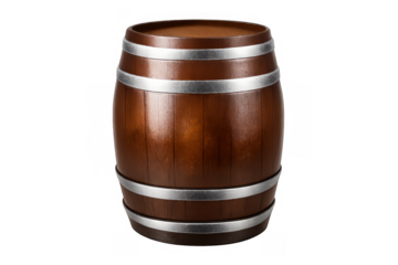 Brown oak wood barrel with metallic rings for aging and holding spirits, a traditional container and vintage storage concept