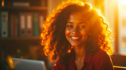 Happy dark-skinned Afro business woman in a warm office illuminated by the rays of the sun