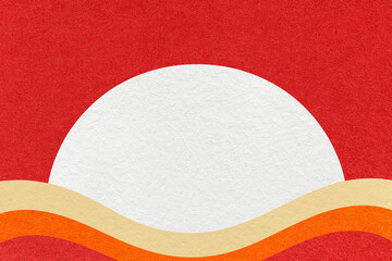 Red textured paper background with white circle for copy space and cream, orange waves for poster, banner, presentation