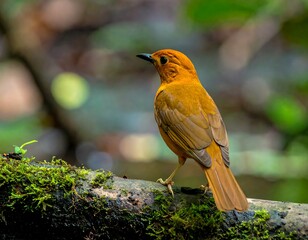 Bright golden bird perches on a mossy branch, blending with the earthy tones of the blurred forest background