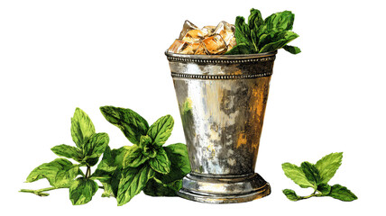Classic metal mint julep cocktail cup filled with ice cubes fresh mint leaves vintage drink isolated on white background
