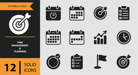 A comprehensive set of 12 solid icons for effective time management and planning