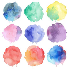 Set of nine circular watercolor blots in various soft and vibrant hues, ideal for creative backgrounds, textures, and artistic designs.