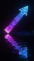 Obraz premium Neon arrow glows above water, casting vibrant purple-blue reflection. Futuristic, sleek design against dark background.