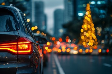 Close-up rear view of a dark car with glowing red LED taillights in night city traffic with Christmas tree bokeh, concept for automotive advertising, urban transportation and holiday travel campaigns
