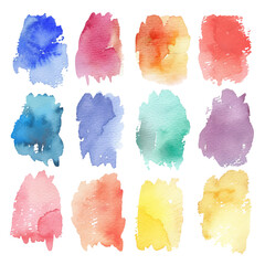 Collection of twelve colorful watercolor brush stroke textures on white background, perfect for design elements, backgrounds, and templates.