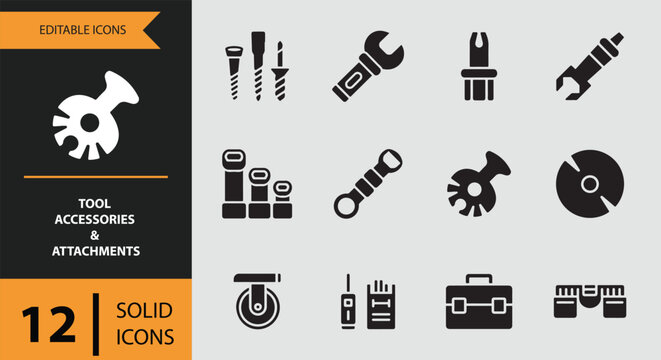 A comprehensive set of 12 solid icons featuring essential tool accessories and attachments