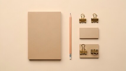 Beige stationery mockup flat lay with notebook pencil and binder clips for branding and design projects
