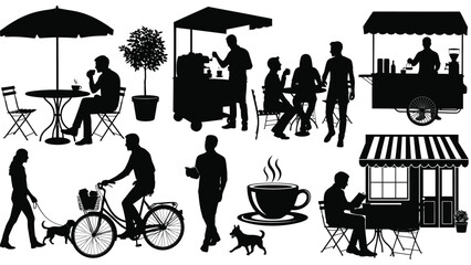 Black silhouettes of people enjoying coffee and food at outdoor cafes and street carts with tables umbrellas and bicycles with dog and cup © Somiran