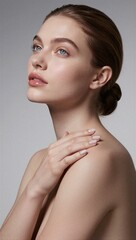 Beautiful woman, elegant updo, soft lighting, serene expression, minimalist background.