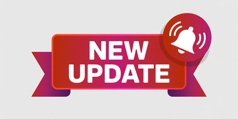 Red gradient ribbon banner with white text NEWUPDATE and notification bell