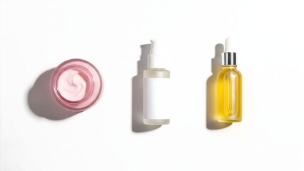 Skincare product flatlay with cream bottle and oil for beauty and wellness on white background