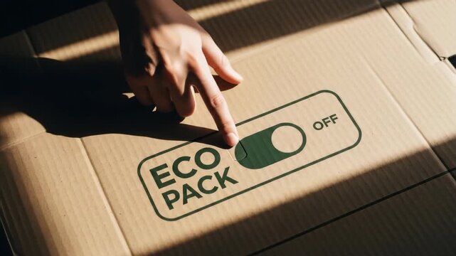 Hand pressing 'OFF' toggle switch on cardboard 'ECO PACK' packaging