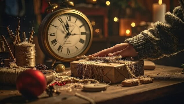 Preparing a Wrapped Christmas Gift with Vintage Clock and Candlelight Ambience