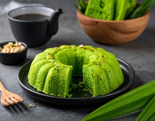 Bright green bundt cake served with dark liquid, nuts, and pandan leaves on a gray surface