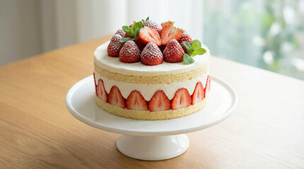 Strawberry Cream Cake With Mint Garnish